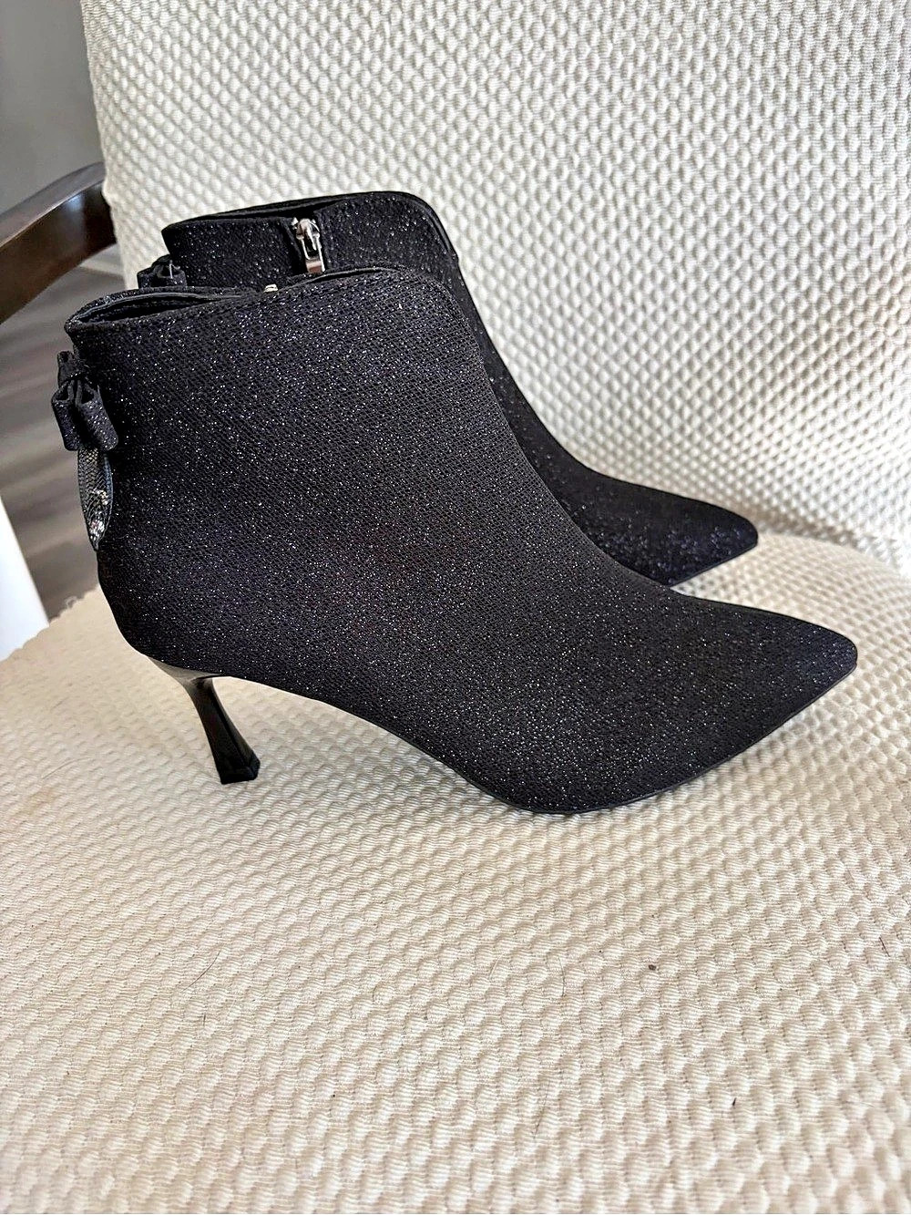 Black Glitter Pointed Toe Ankle Booties – Stiletto 2.5 inch Kitten Heel Sparkle